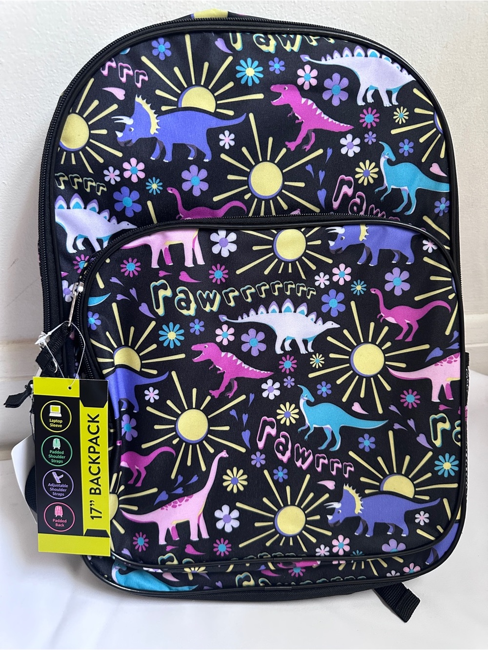 wonder nation Kids Dinosaur Backpack - Black with Yellow, Pink, Purple, Blue